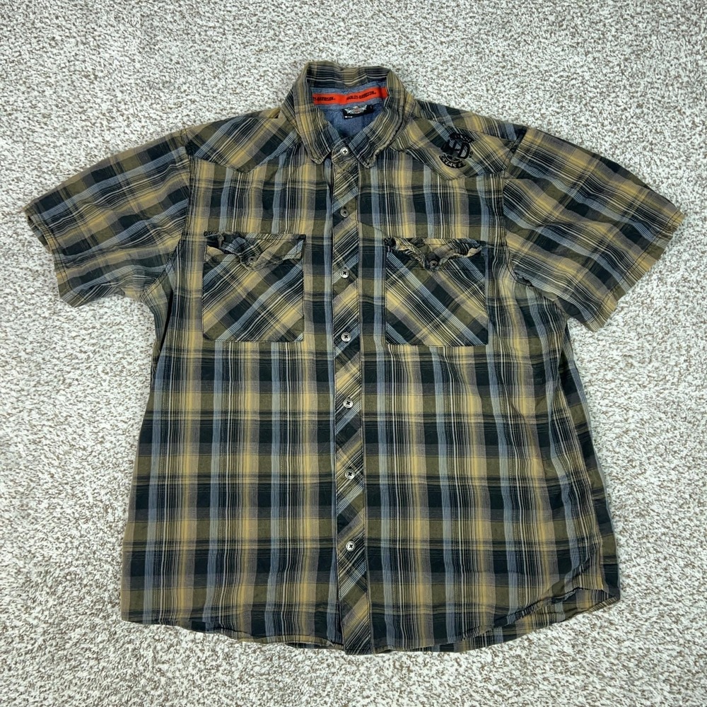Harley Davidson Mens‎ Shirt Large Brown Plaid Motorcycle Graphic Short Sleeve